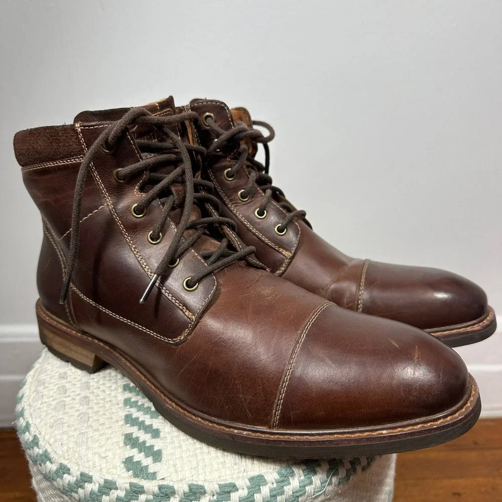 Florsheim Brown Leather Cap Toe Lace Up Ankle Boots Side Zip Men's 10.5